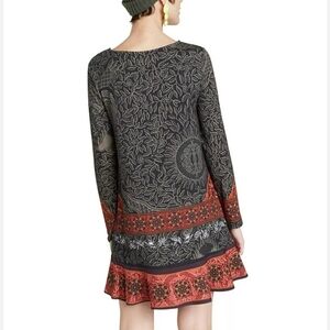 Desigual XL Boho Trapeze Dress Black Red Long Sleeve Stretch Ruffle Lagenlook